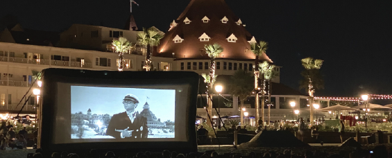 Outdoor movie night on the beach by the fire at the Hotel Del Coronado Resort