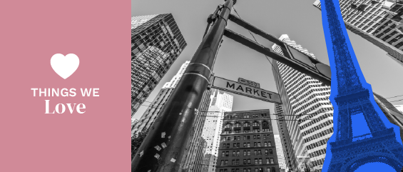 Black and white image of Market St. in San Francisco with the Eiffel Tower overlaid in blue