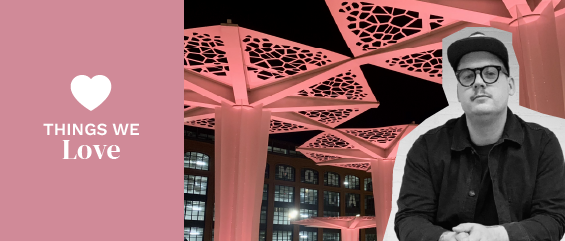 photo of Brian Baksa in front of pink sculpture at Elijah's Park