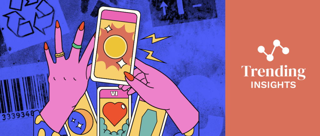 illustrated tarot hands overlaid on paper collage in blue