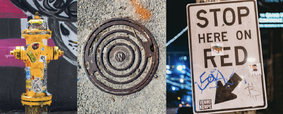 Manhole cover, fire hydrant, and stop sign 