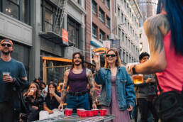 Crowd of people having fun and playing games in downtown San Francisco