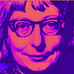 Jane Jacobs in pink and purple tones